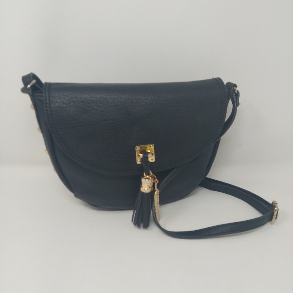 Jessica Simpson Rodica Black Faux Leather Studded Crossbody Bag Feather Charm